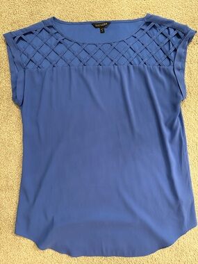 Express Gramercy Silky Blue Lattice Yoke Cap Sleeve Blouse